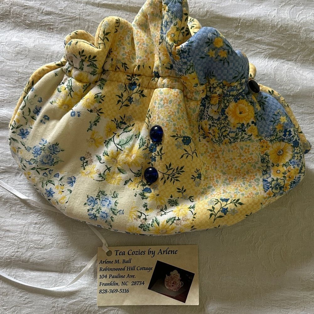 Hand Crafted Tea Cozy Floral Yellow and Blue